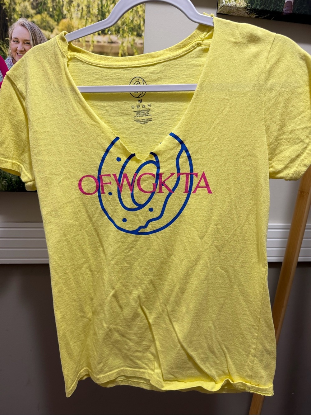 OFWOKTA Women's Yellow V-Neck Tee with Blue Donut Graphic